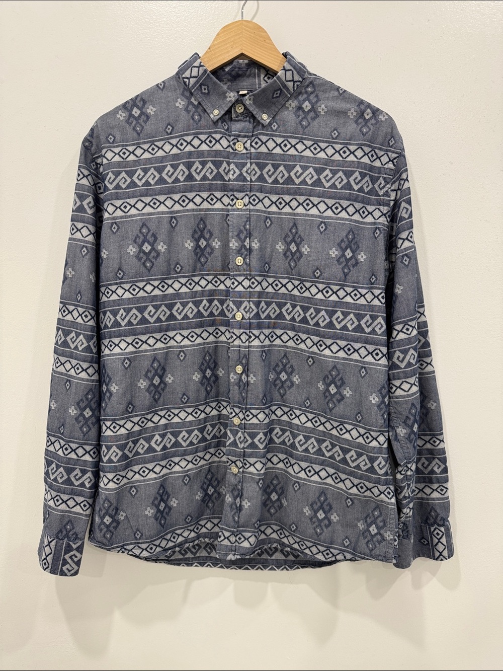 Frank‎ & Oak Rue St-Viateur Men’s L Blue Geometric Button Down Shirt 100% Cotton